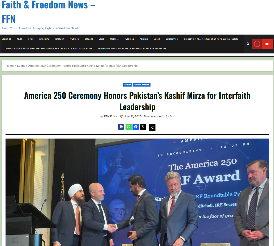 America 250 Ceremony Honors Pakistan’s Kashif Mirza for Interfaith Leadership