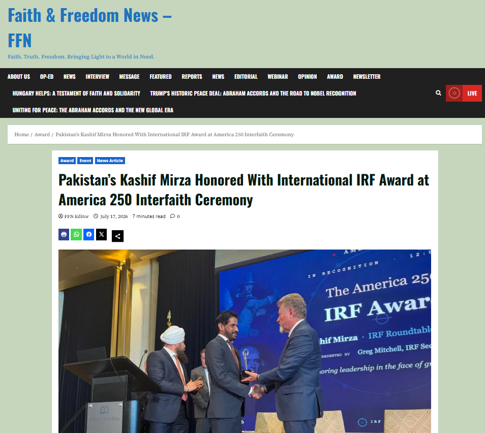Pakistan’s Kashif Mirza Honored With International IRF Award at America 250 Interfaith Ceremony