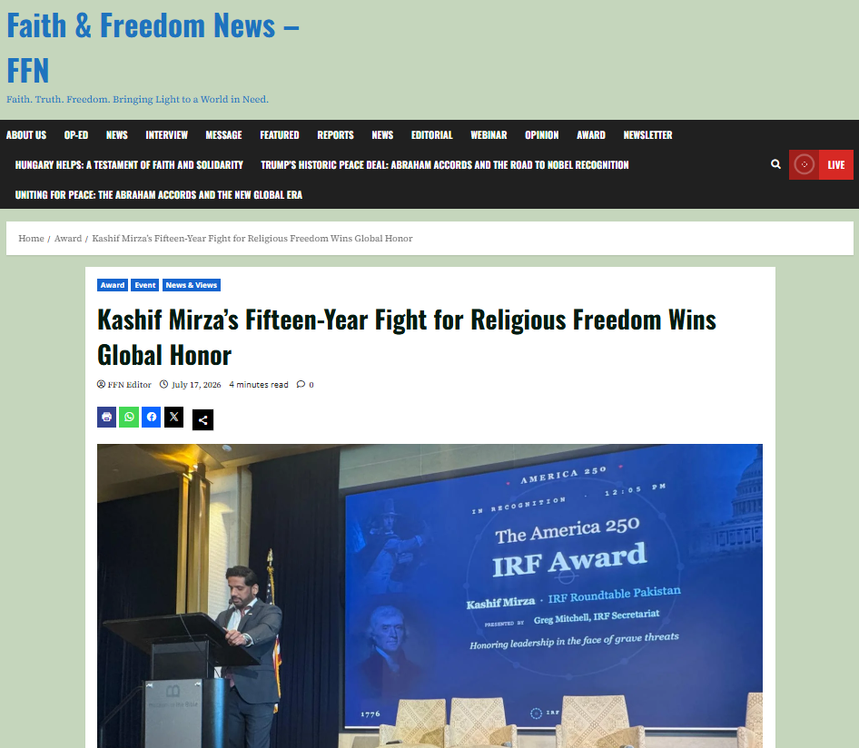 Kashif Mirza’s Fifteen-Year Fight for Religious Freedom Wins Global Honor