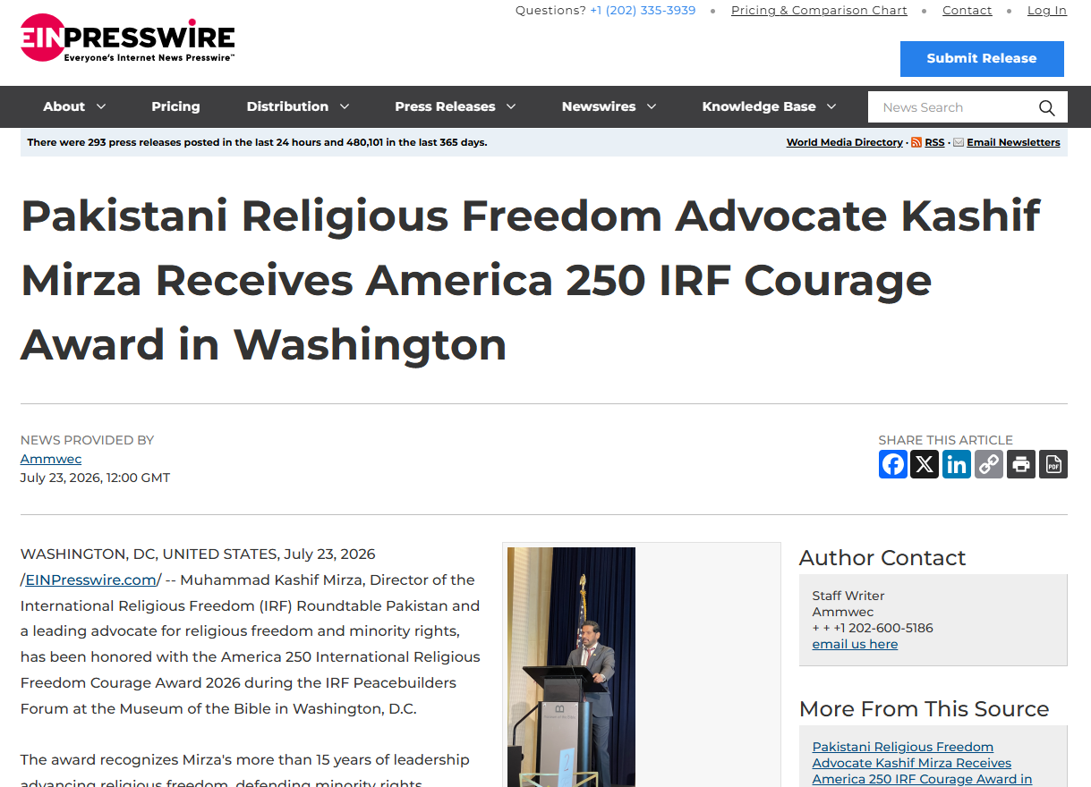 Pakistani Religious Freedom Advocate Kashif Mirza Receives America 250 IRF Courage Award in Washington