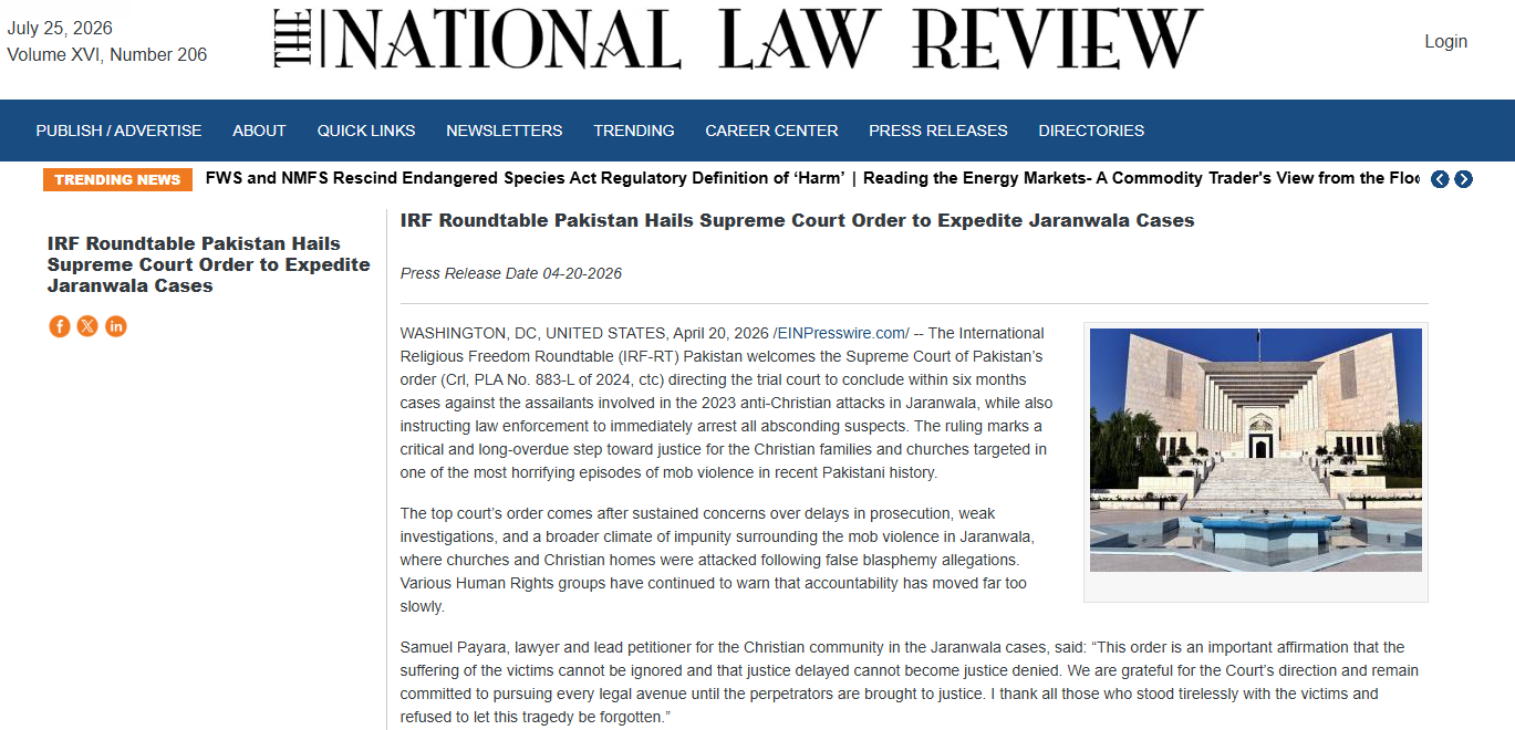 IRF Roundtable Pakistan Hails Supreme Court Order to Expedite Jaranwala Cases