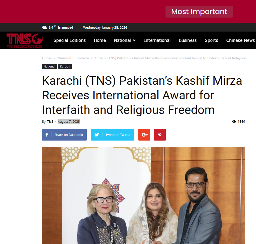 Karachi (TNS) Pakistan’s Kashif Mirza Receives International Award for Interfaith and Religious Freedom